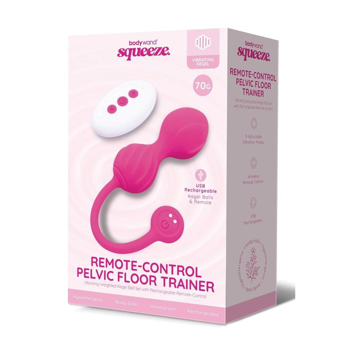 Box of a remote-control pelvic floor trainer with pink and white design on a white background