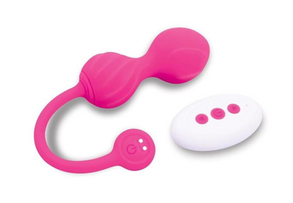 Pink and white silicone kegel toy on a white background