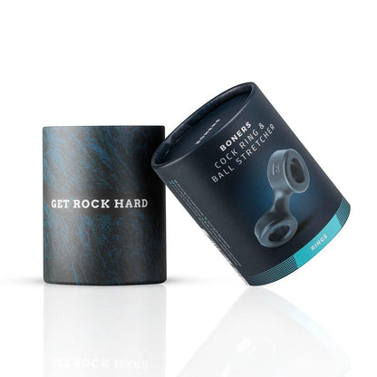 Two black cylindrical packaging containers with text and product images on a white background