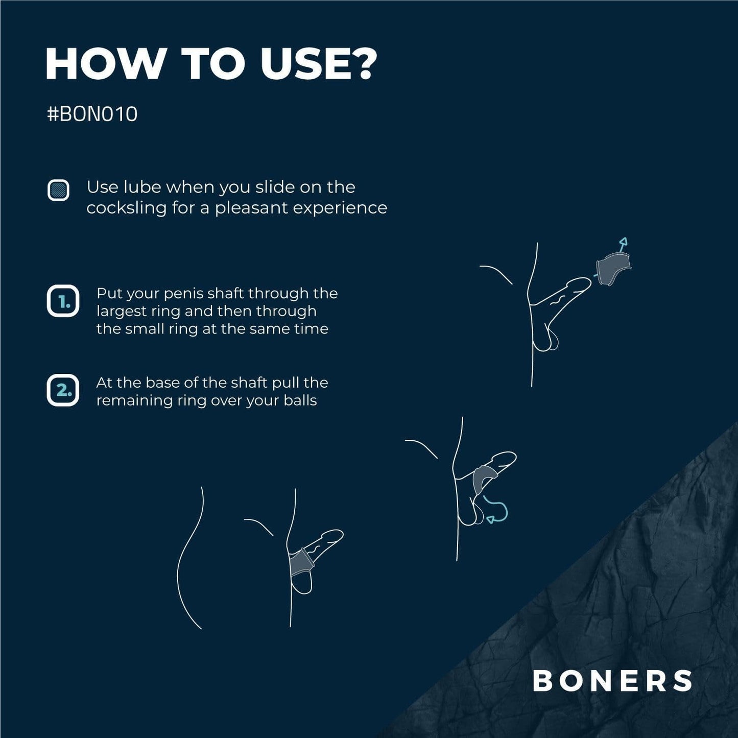 Instructions on how to use a product with illustrations and text on a dark blue background, featuring the brand 'BONERS'.