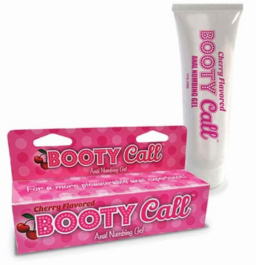 Pink packaging and white tube of 'Booty Call' anal numbing gel on a white background