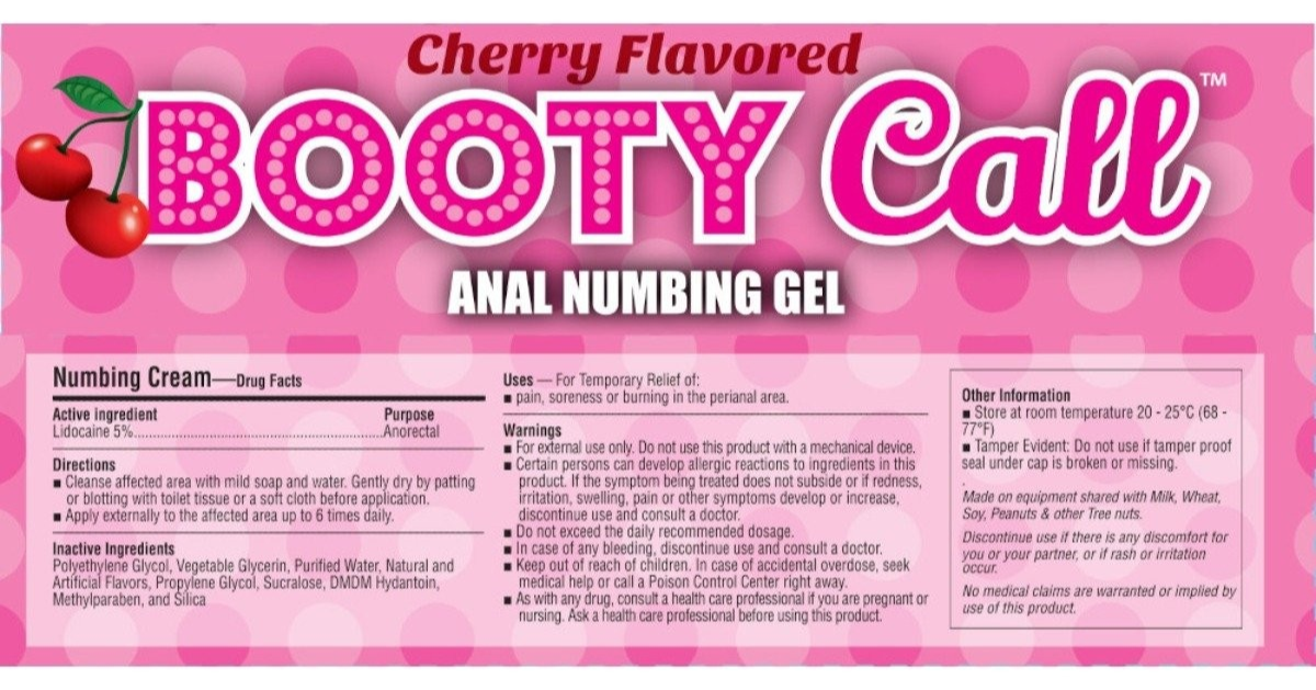 Pink packaging of Cherry Flavored Booty Call Anal Numbing Gel with text and cherry graphics.