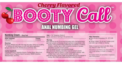 Pink packaging of Cherry Flavored Booty Call Anal Numbing Gel with text and cherry graphics.
