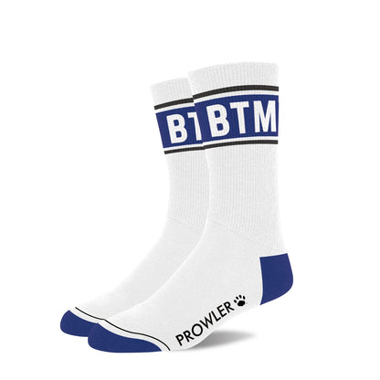 White sock with blue accents and branding on a white background