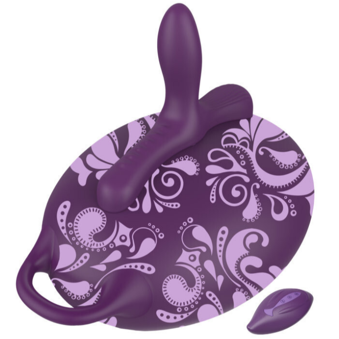 Purple silicone dildo with paisley pattern on a white background