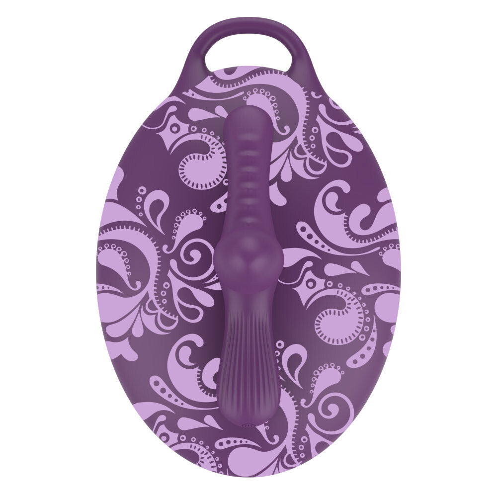 Purple decorative item with paisley pattern on a white background