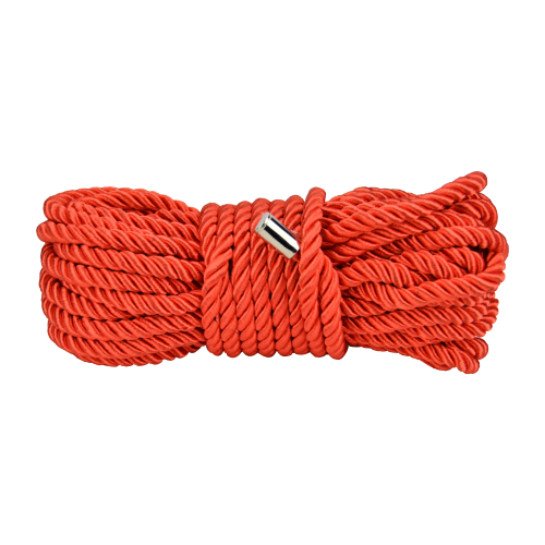 Red bondage shibari rope with a metal clip on a white background