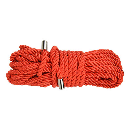 Red bondage rope with a metal clip on a white background