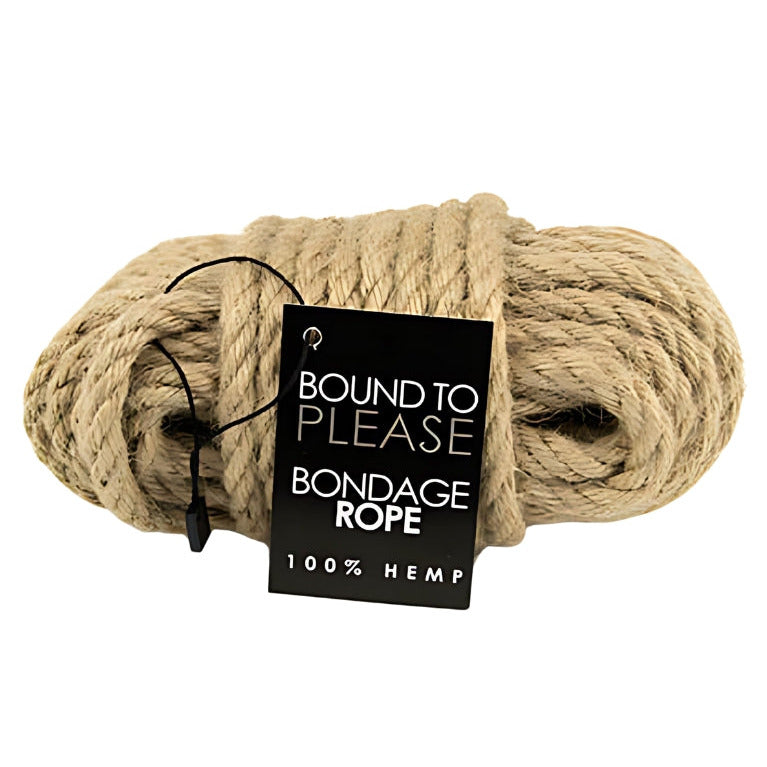 Ball of beige rope with 'Bound to Please' label on a white background
