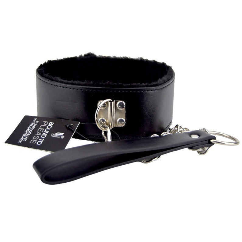 Black leather collar with attached leash on a white background