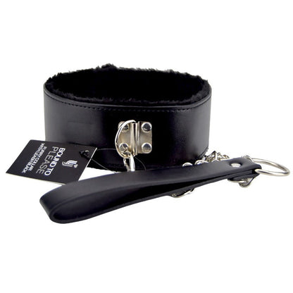 Black leather collar with attached leash on a white background