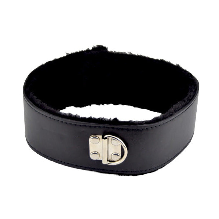 Black leather collar with a metal clasp on a white background