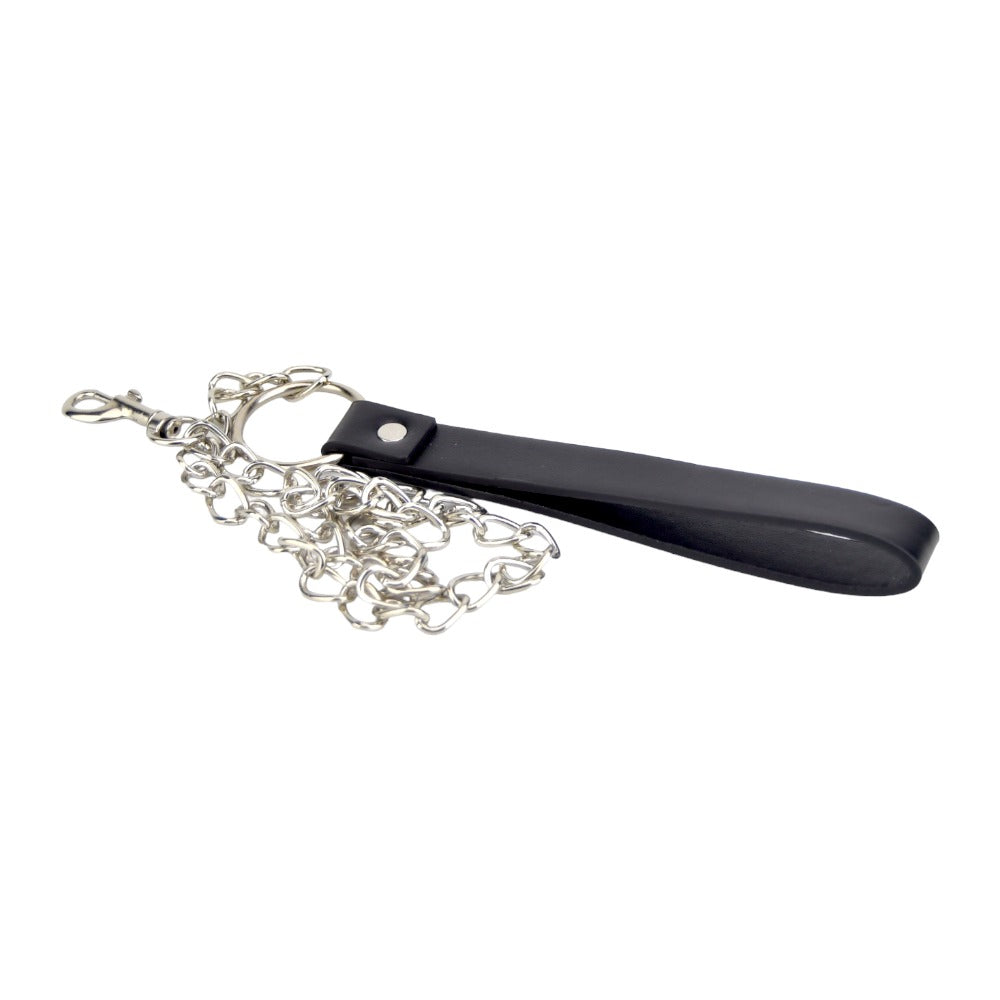 Black leather strap with silver chain on a white background