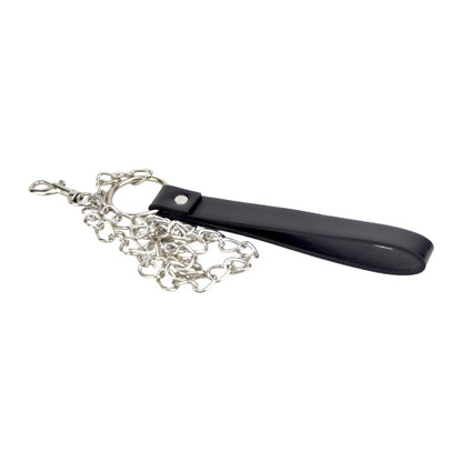 Black leather strap with silver chain on a white background