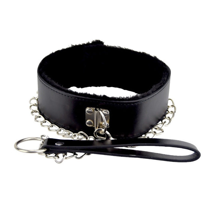 Black leather collar with chain and handle on a white background