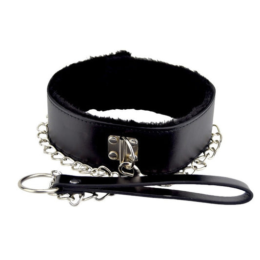 Black leather collar with chain and handle on a white background