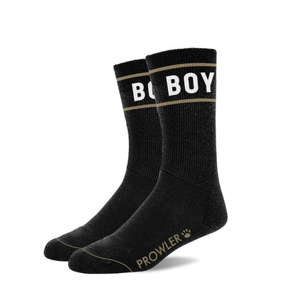 Black socks with 'BOY' and 'Prowler' branding on a white background