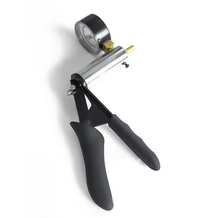 Universal hand pump with pressure gauge on a white background