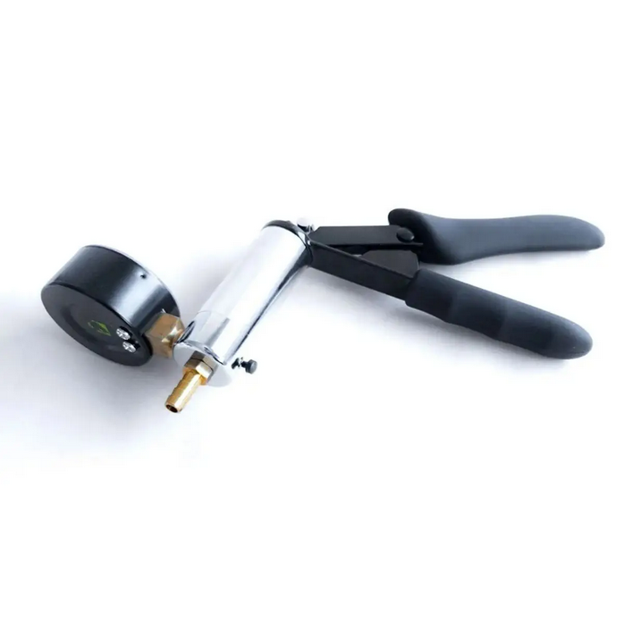 Pump tool with black handle and metallic body on a white background