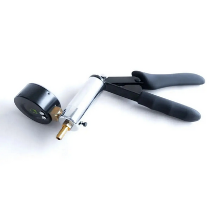 Pump tool with black handle and metallic body on a white background