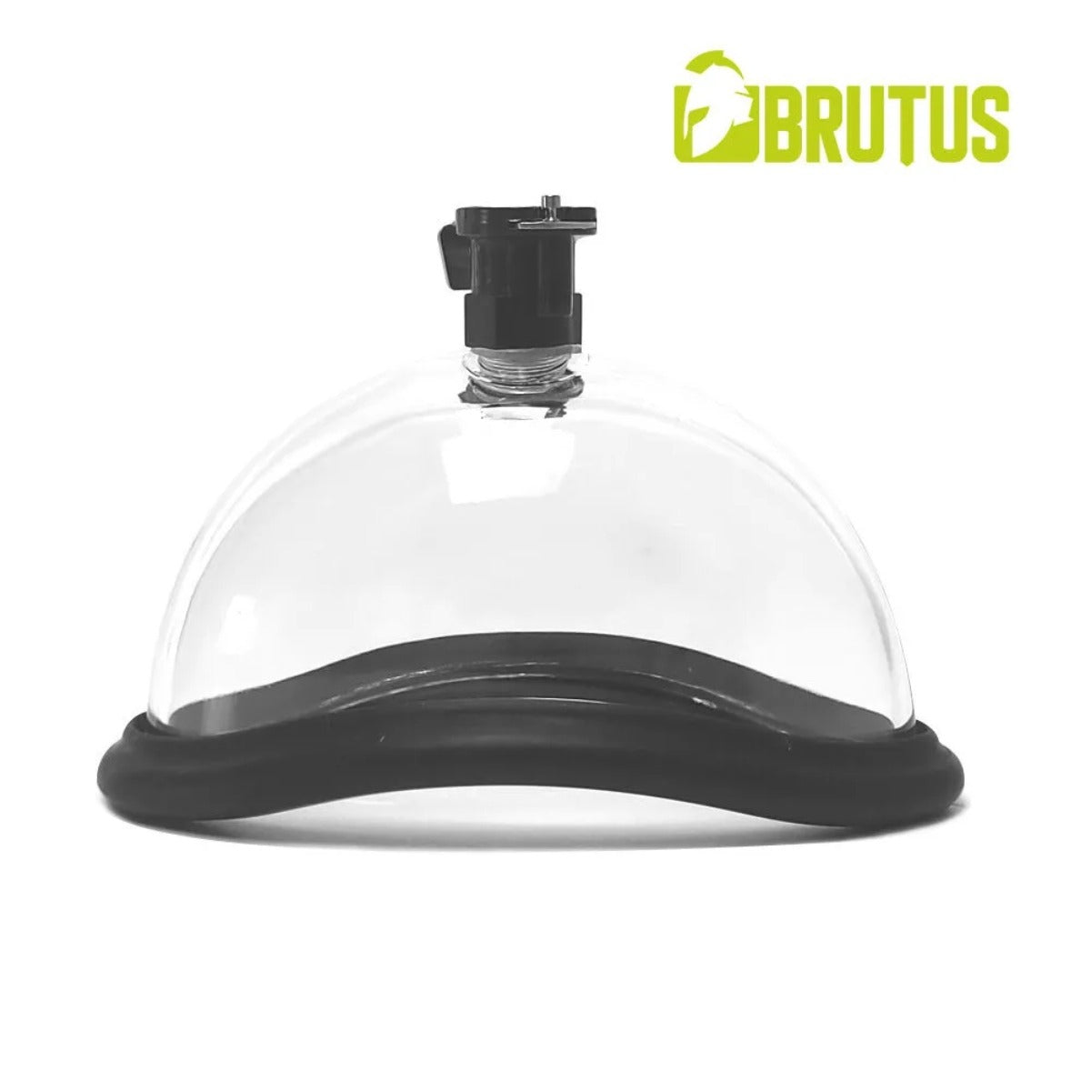 Clear dome-shaped pussy pump with black seal and connector on a white background, featuring the Brutus brand logo