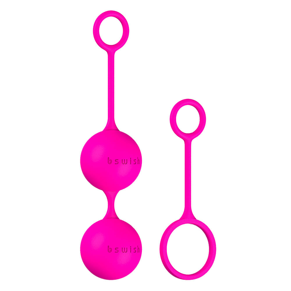 Two pink silicone ball sex toys with handles on a white background