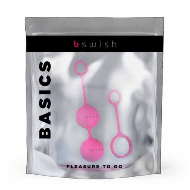 Silver packaging with pink items labeled 'Basics' and 'bswish' on a white background