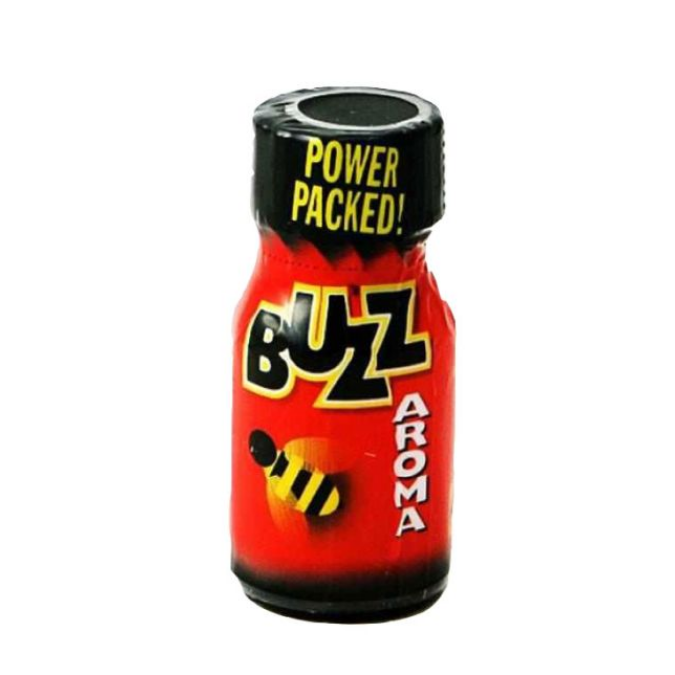 Bottle of Buzz Aroma with a black cap on a white background