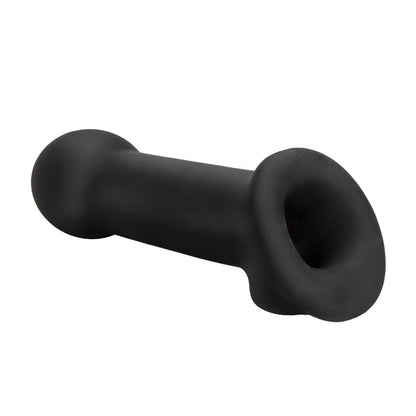 Black silicone sex toy penis extender on a white background