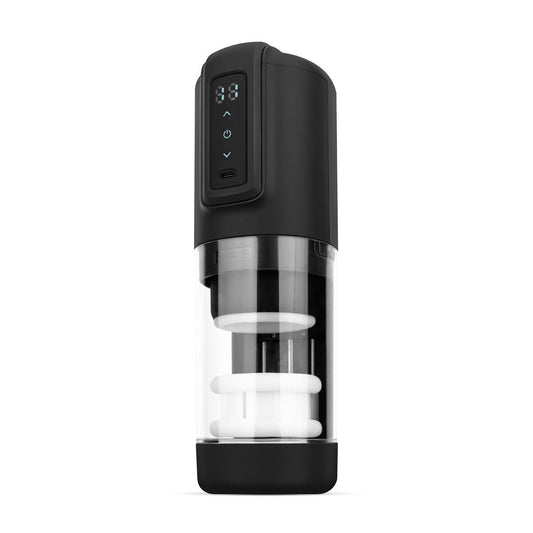 Black electronic male masturbator auto stroker with digital display on a white background