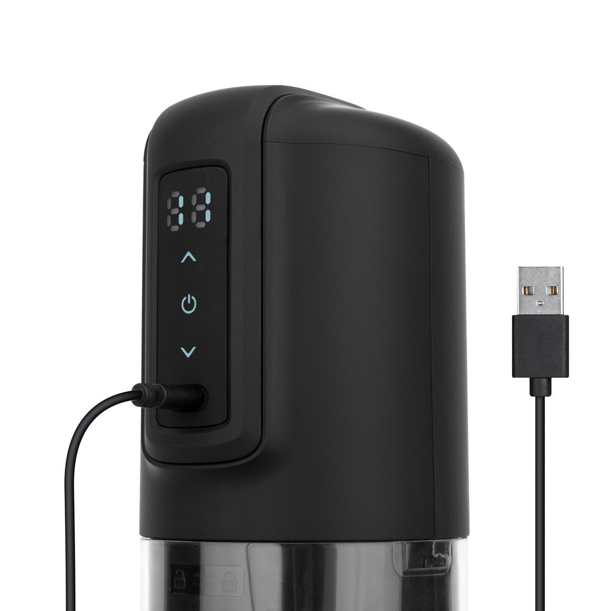Black electronic device with digital display and USB cable on a white background