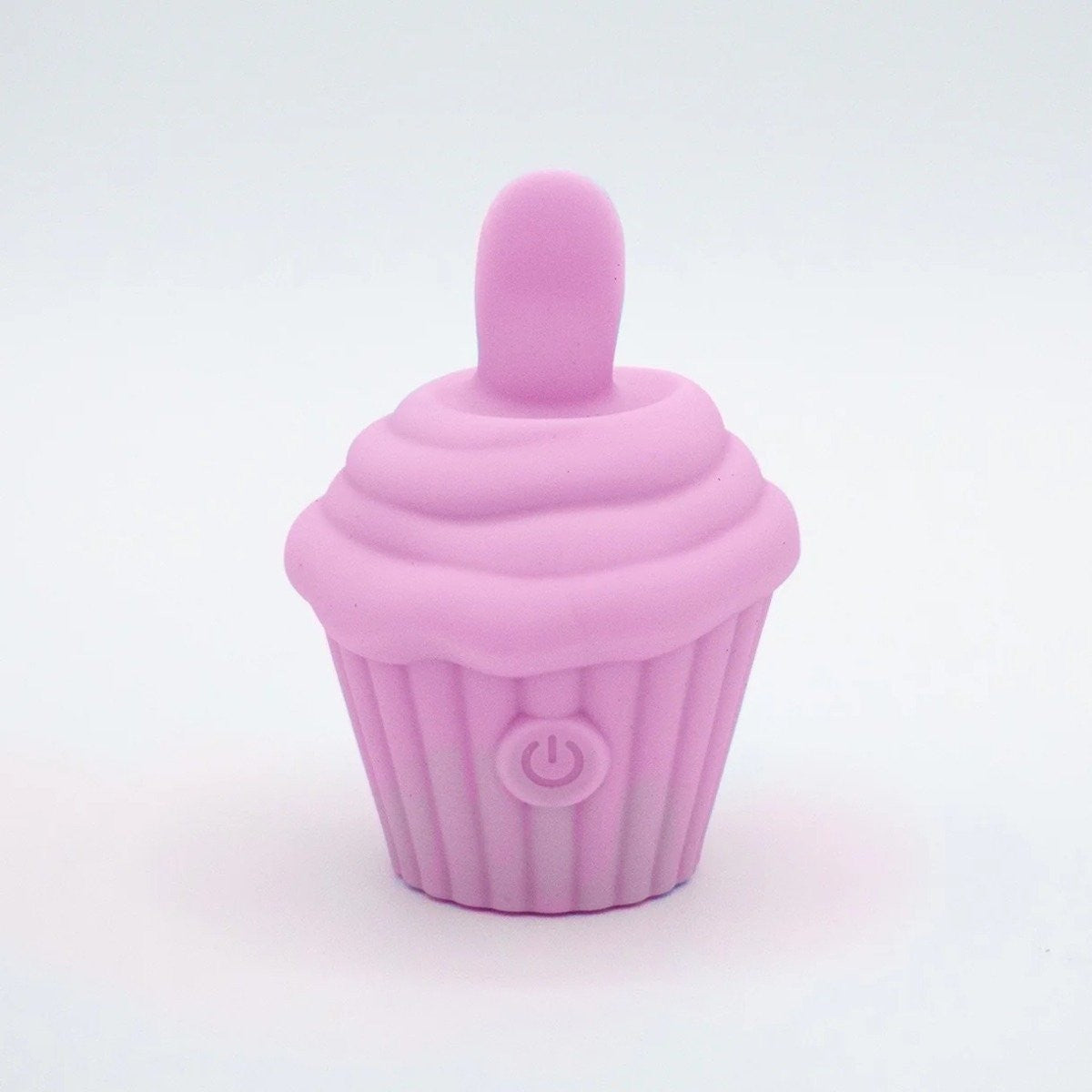 Pink silicone cupcake-shaped vibrator on a light gray background
