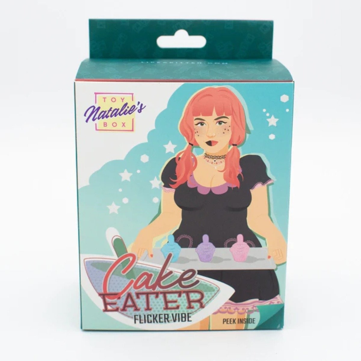 Product packaging for 'Cake Eater' with a character illustration on a teal background