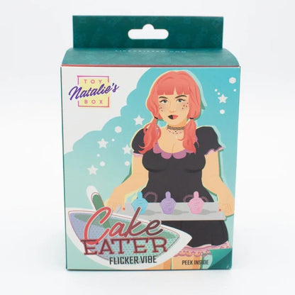 Product packaging for 'Cake Eater' with a character illustration on a teal background