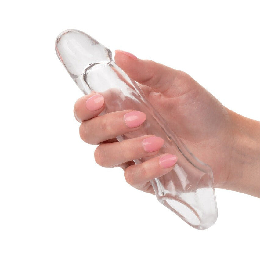 CalExotics Performance Maxx Clear Extension 5.5 Inch Thick Girthy Cock Sleeve on a white background