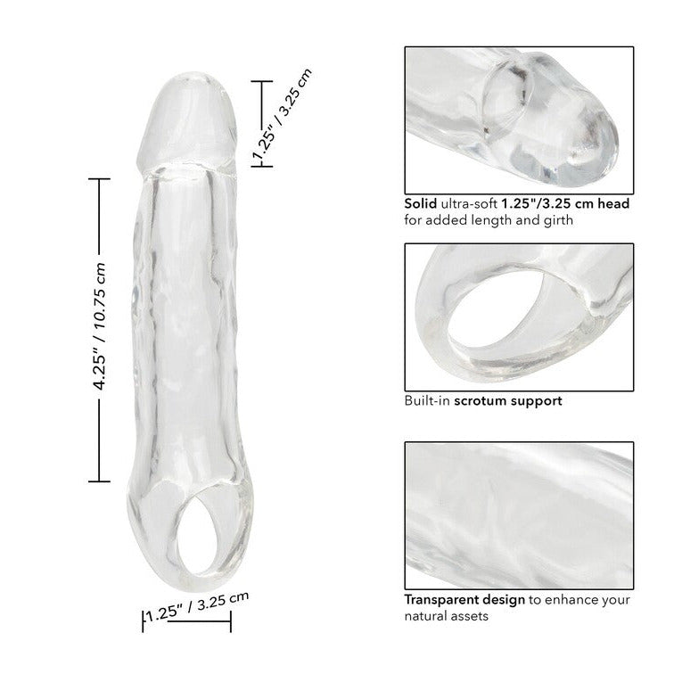 Transparent male enhancement device with measurements and features on a white background