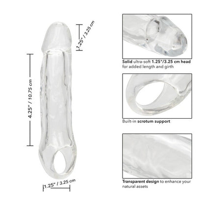 Transparent male enhancement device with measurements and features on a white background