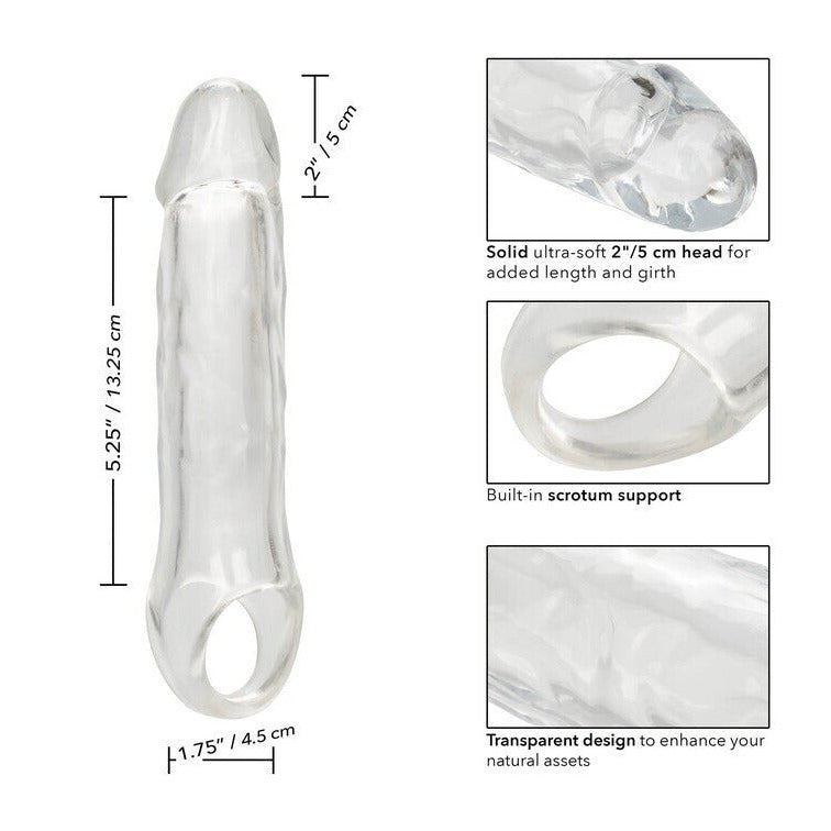 Clear penis sleeve with measurements and features on a white background