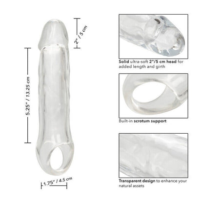 Clear penis sleeve with measurements and features on a white background