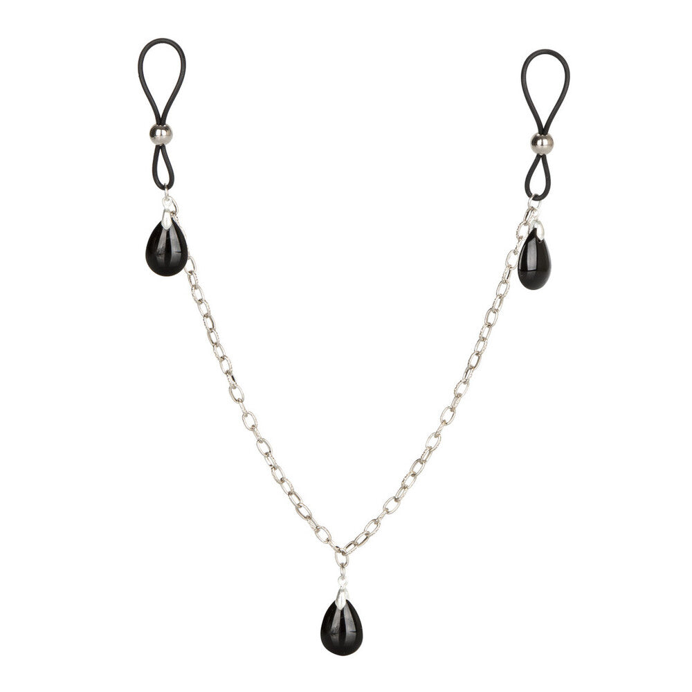 Necklace with black teardrop pendants and metal chain on a white background