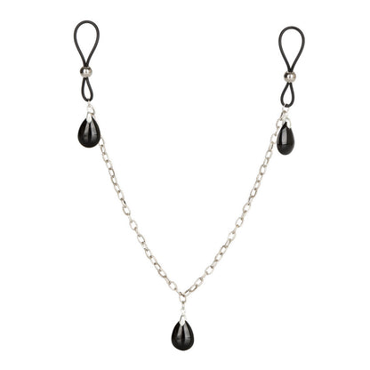 Necklace with black teardrop pendants and metal chain on a white background