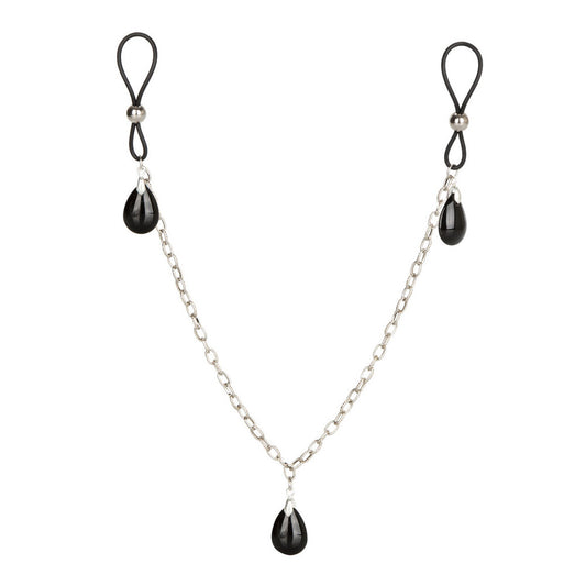 Necklace with black teardrop pendants and metal chain on a white background