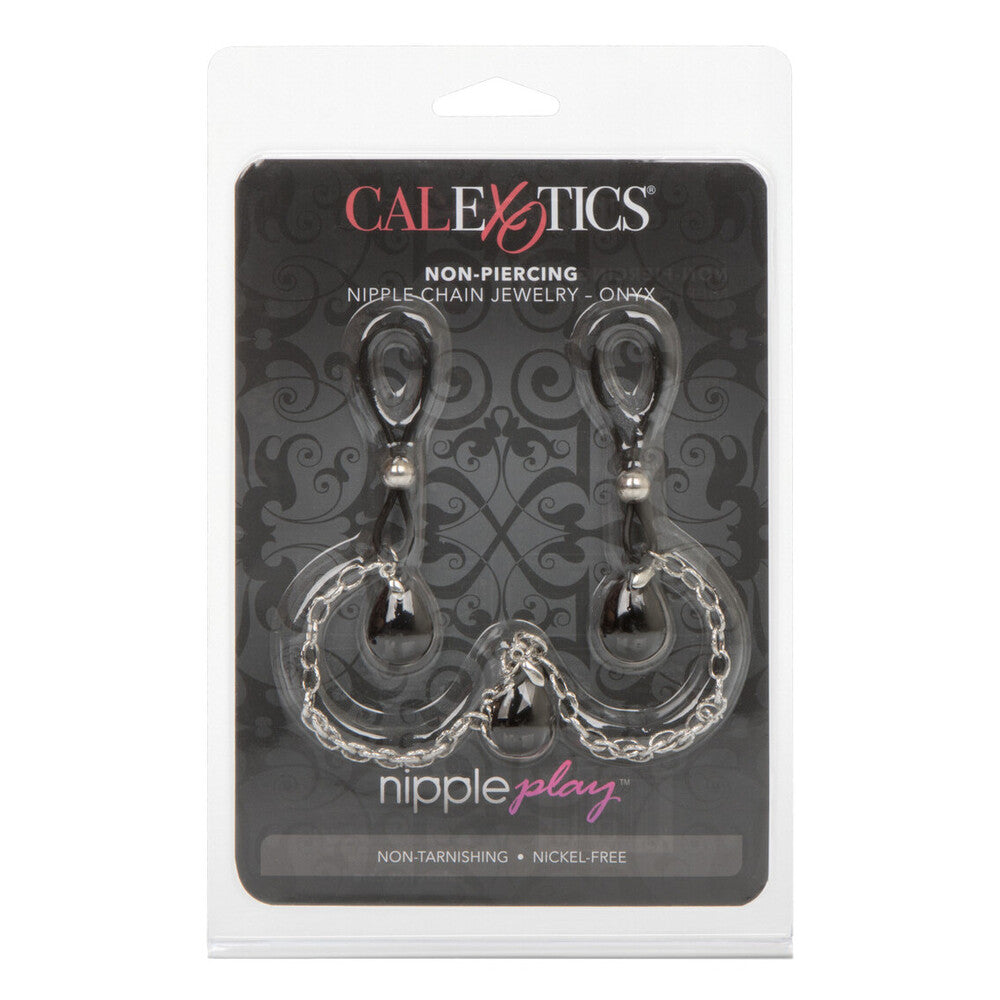 Packaged non-piercing nipple chain jewelry with Calexotics branding on a white background