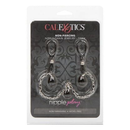 Packaged non-piercing nipple chain jewelry with Calexotics branding on a white background