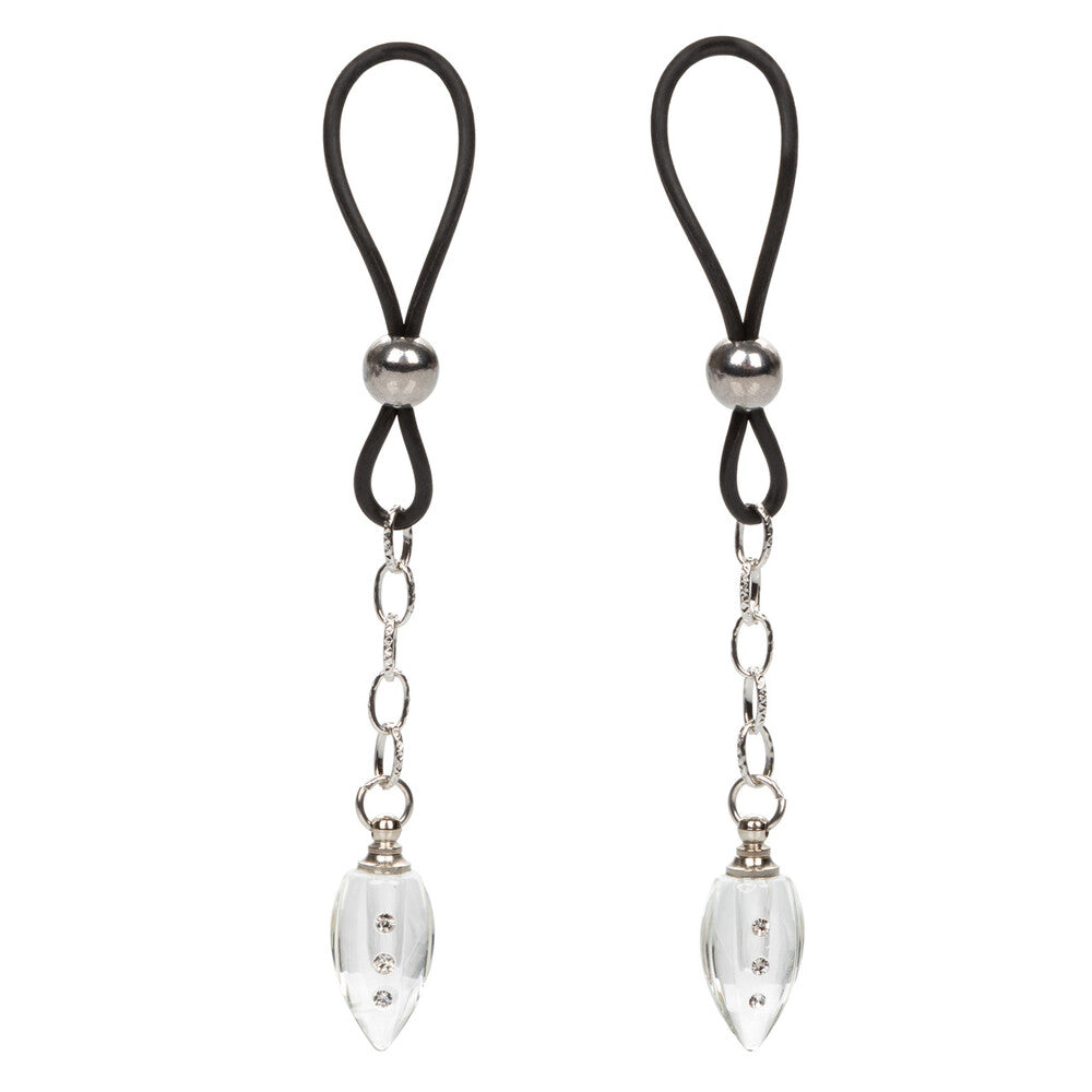 Two black cord nipples clamps with silver beads and clear teardrop-shaped pendants on a white background.