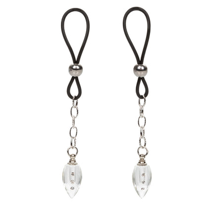 Two black cord nipples clamps with silver beads and clear teardrop-shaped pendants on a white background.