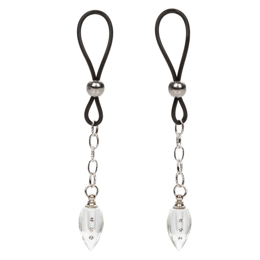 Two black cord nipples clamps with silver beads and clear teardrop-shaped pendants on a white background.