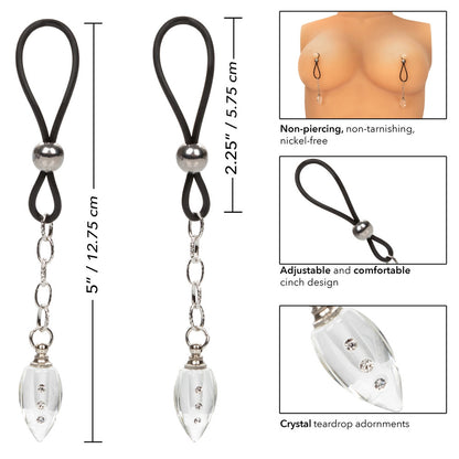 Brassiere clips with crystal teardrop adornments, measurements, and usage instructions on a white background.