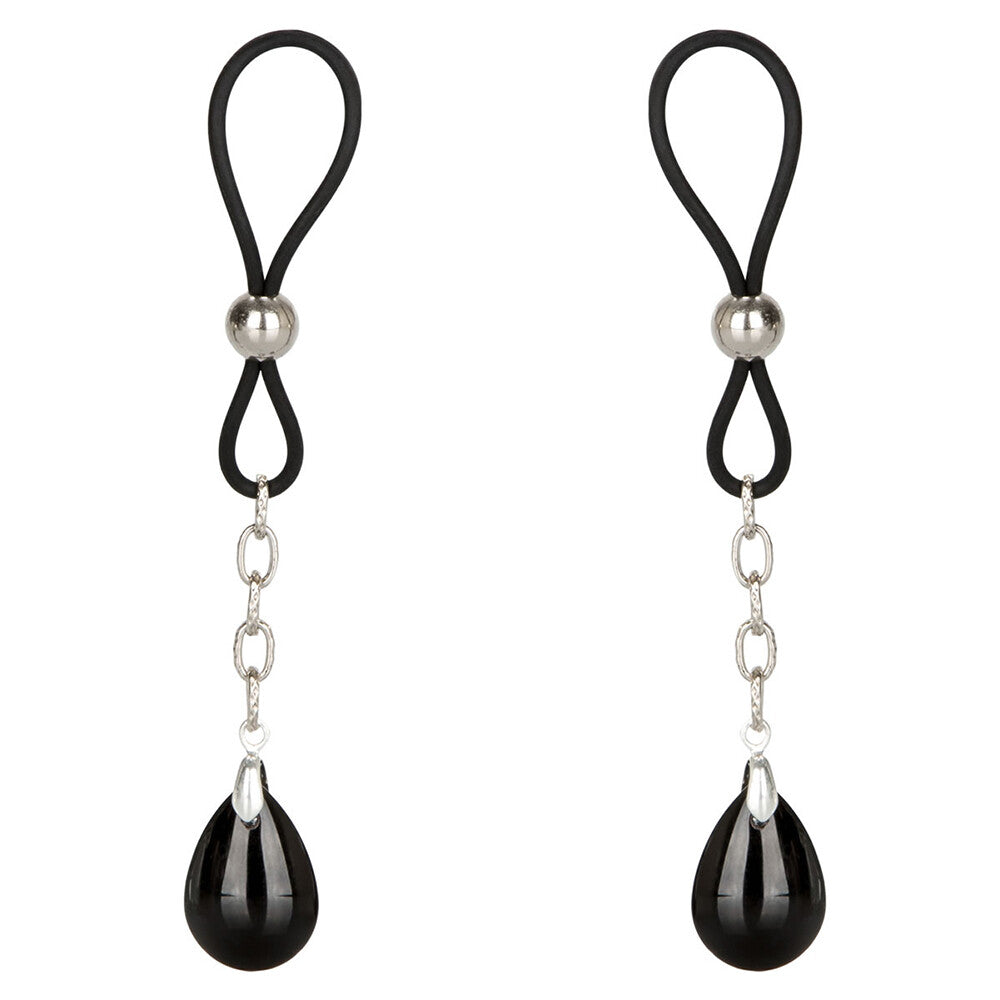 Black teardrop nipple pendants on silver chains with black rubber loops on a white background