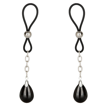 Black teardrop nipple pendants on silver chains with black rubber loops on a white background